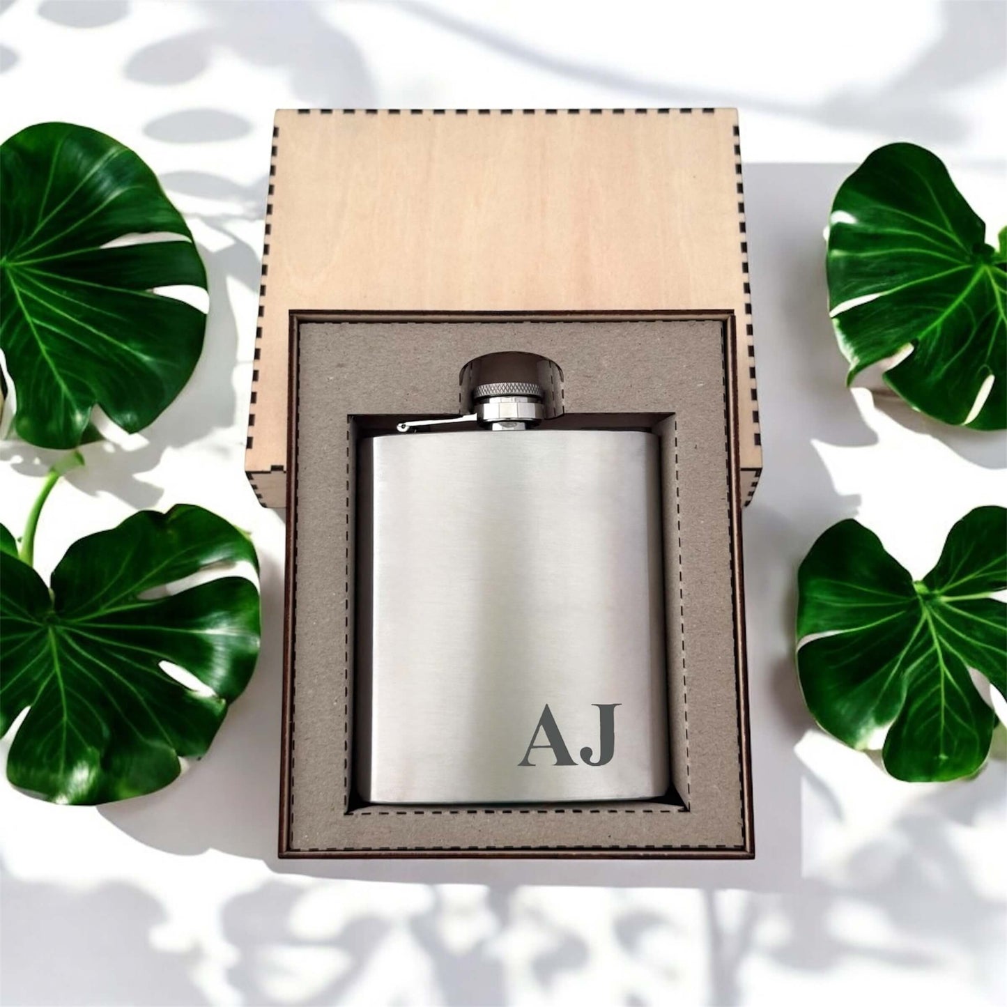 Stainless steel hip flask with initials engraved in wooden gift box