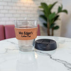 Teacher gift personalised glass coffee cup engraved “Mrs Edger’s Coffee Cup”