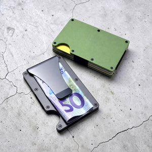 Two slim metal card holders showing cash and cards, personalised wallet in green and black