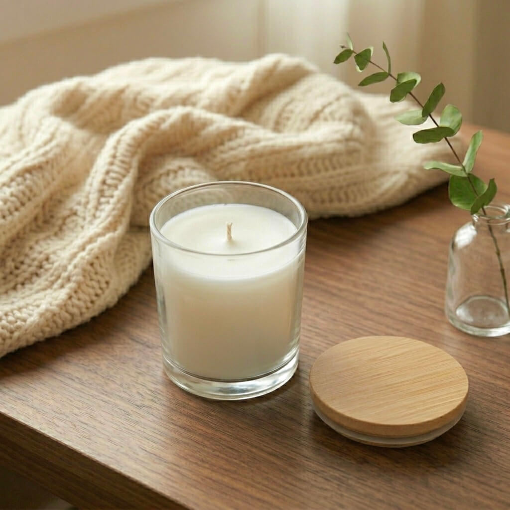 Unlit personalised candle showing the smooth soy wax surface and clear glass jar