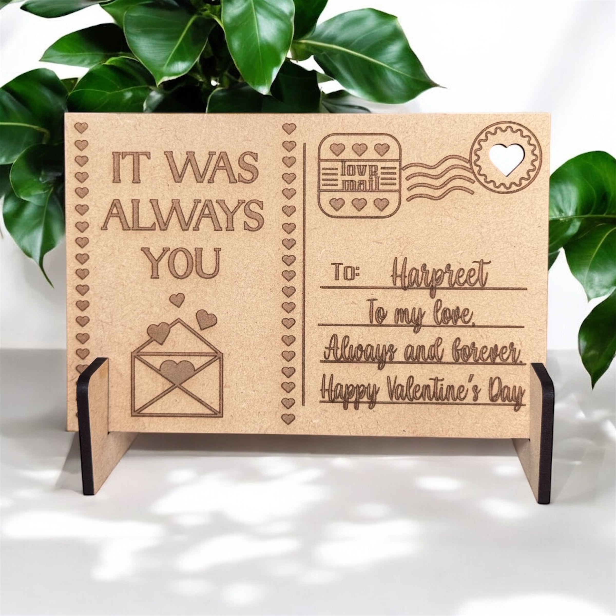 Wooden Greeting card for valentines day engraved with "It was always you" with heart and message for a person 