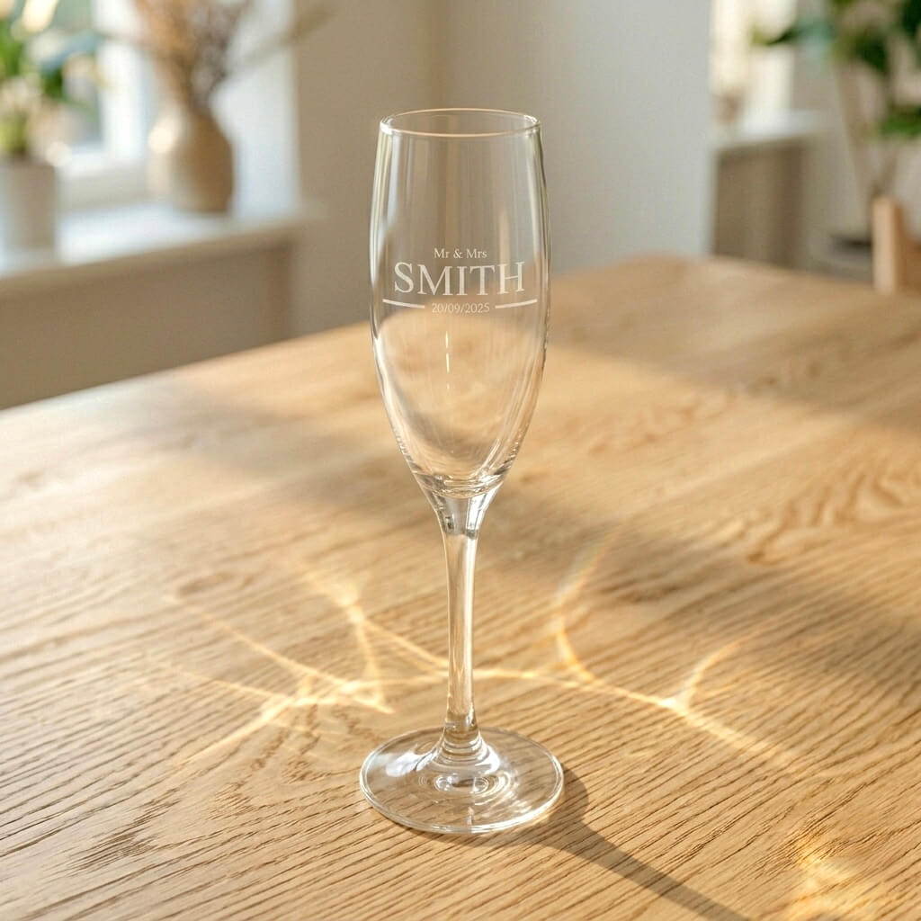 Wedding gift champagne flute with permanent laser engraving for names and special dates