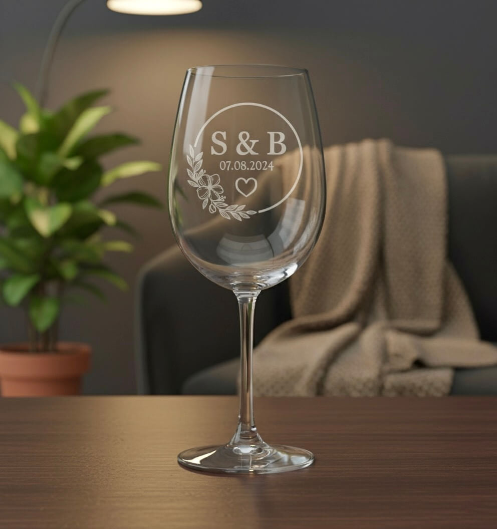 Wedding keepsake wine glass engraved with initials floral pattern and special date