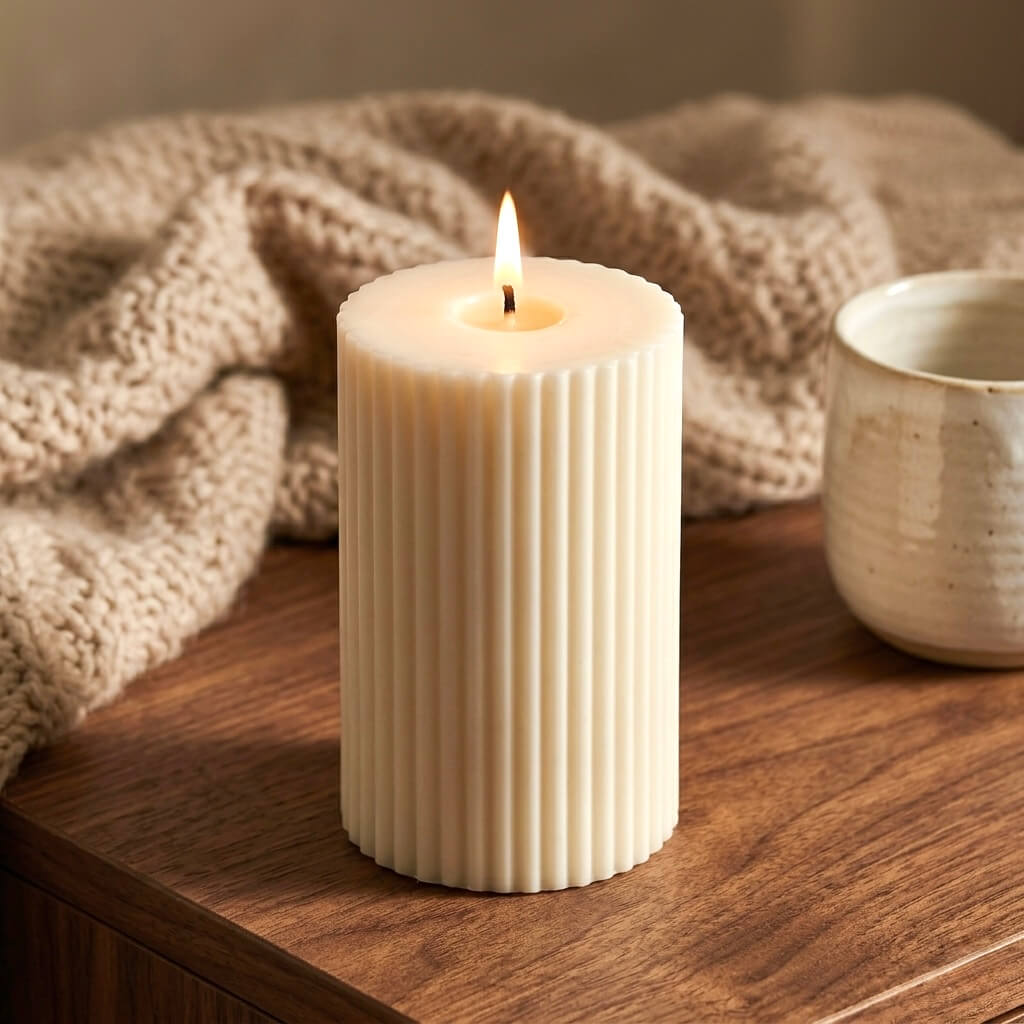 White textured hand-poured ribbed pillar candle burning on a wooden surface with a beige knitted blanket and ceramic mug in the background.