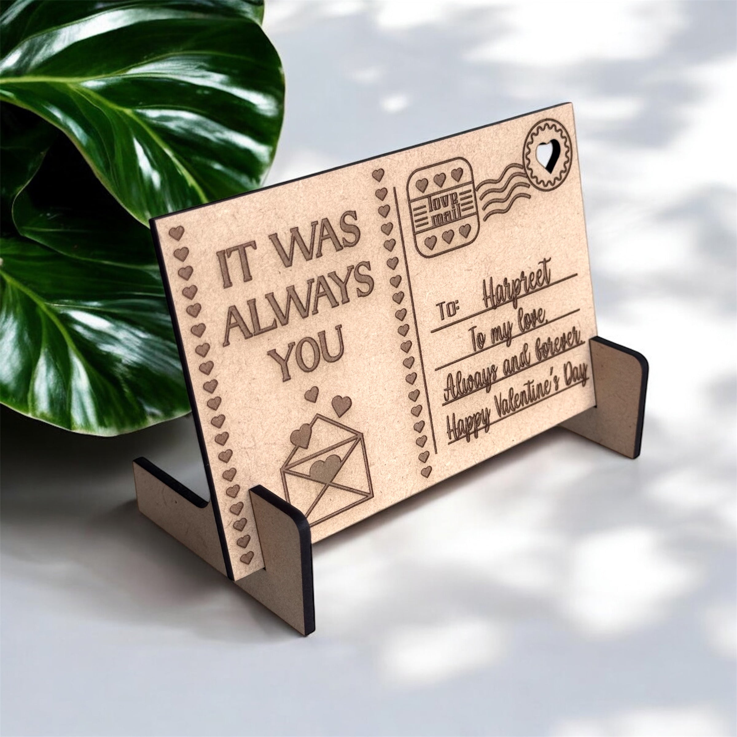 Wooden greeting card with stand for valentines day 