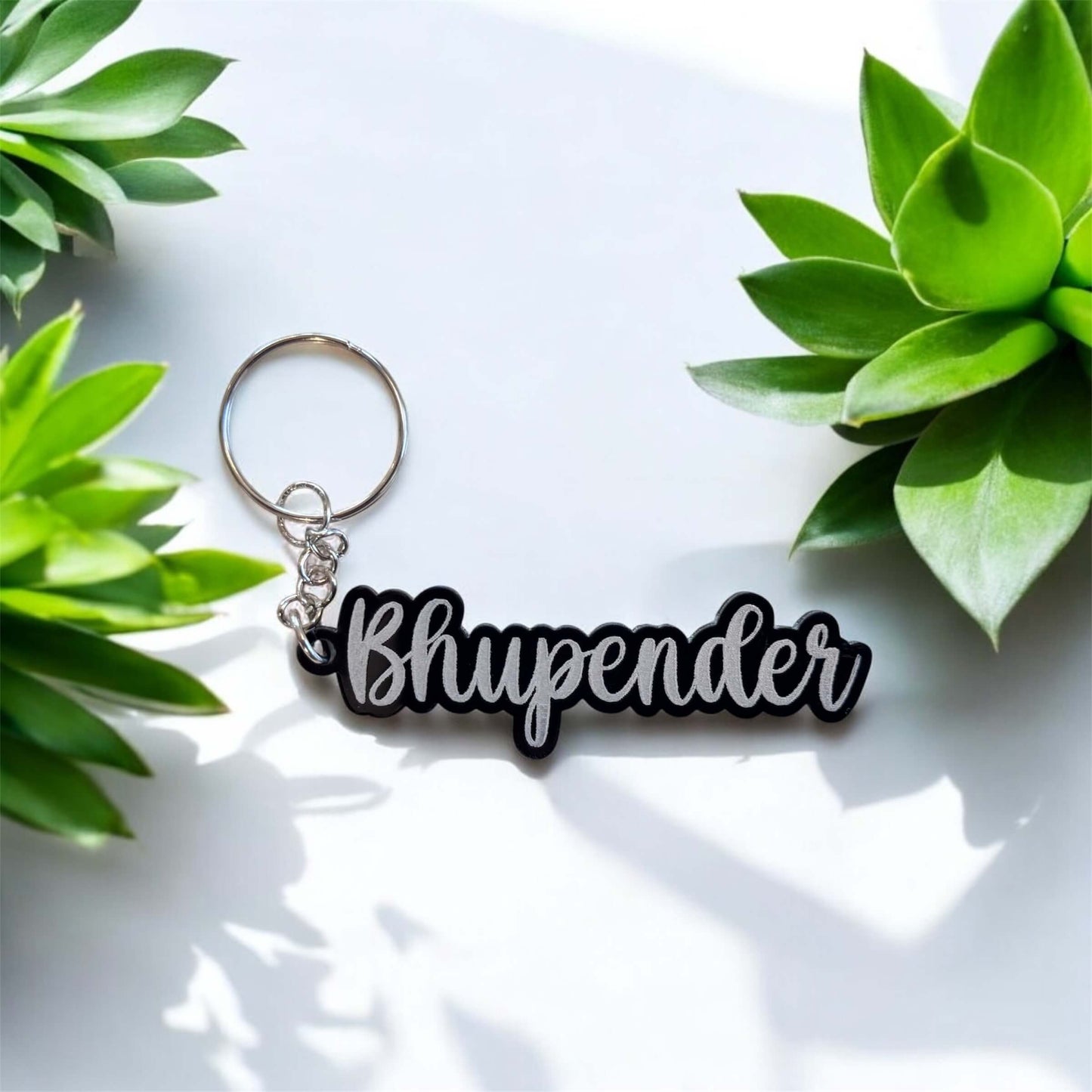 acrylic key ring with name engraved on it