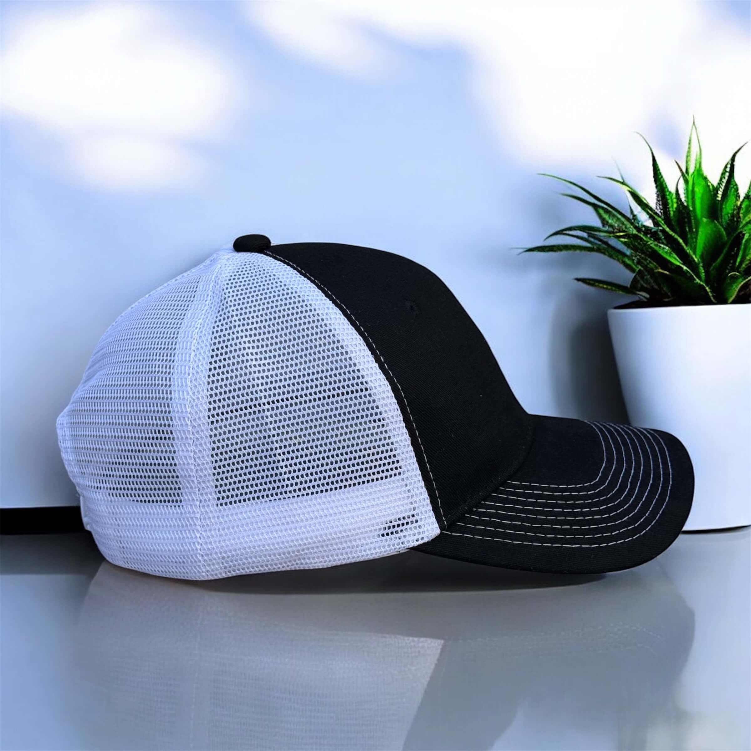 black and white cap from side