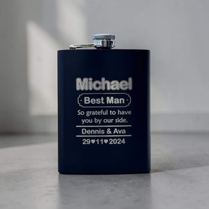 black bridal party flask engraved with name, best man, couple name and date