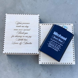 black bridal party flask engraved with name, best man, couple name and date with engraved wooden gift box