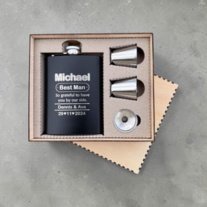black bridal party flask set engraved with name, best man, couple name and date in engraved wooden gift box