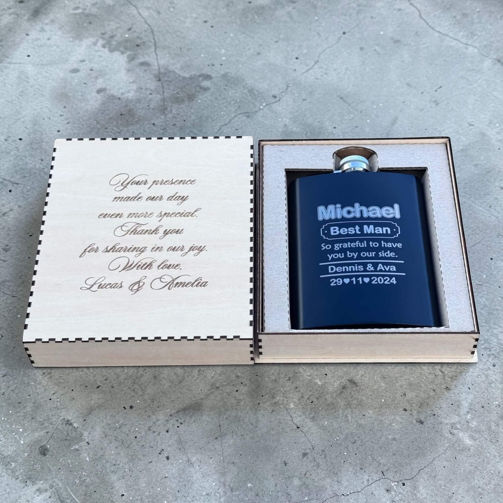 black bridal party flask set engraved with name, best man, couple name and date in engraved wooden gift box with message from couple