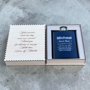 black bridal party flask set engraved with name, best man, couple name and date in engraved wooden gift box with message from couple