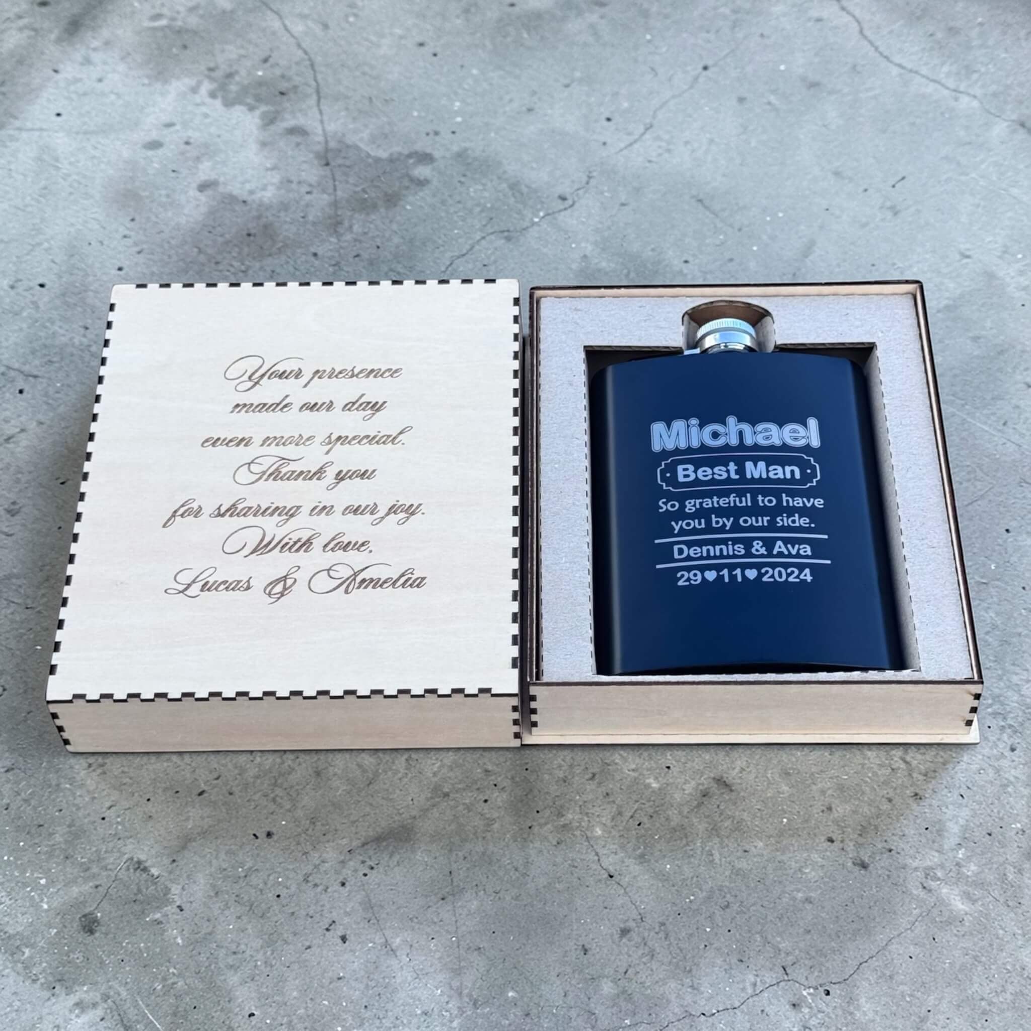 black bridal party flask set engraved with name, best man, couple name and date in engraved wooden gift box with message from couple