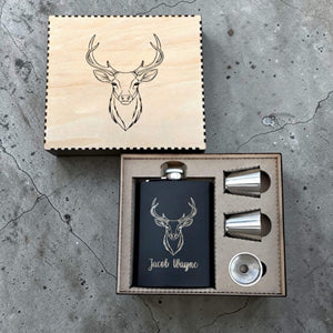 black engraved hip flask set engraved with deer head and name in a engraved wooden gift box with dear head engraved