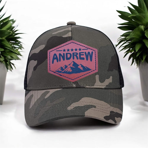camouflage cap with engraved leather patch