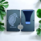 card holder engraved with kiwi bird and silver fern with New Zealand engraved below
