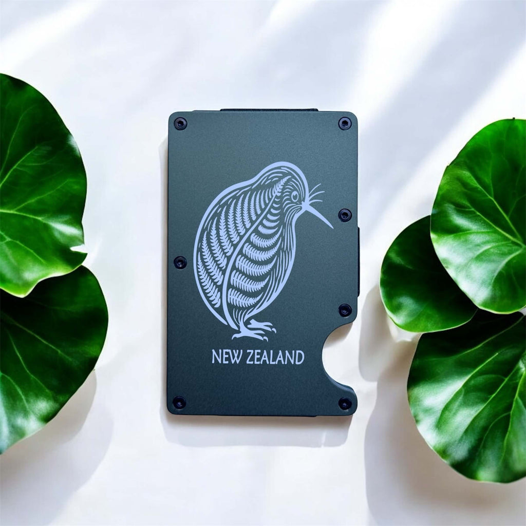 card holder engraved with kiwi bird and silver fern with New Zealand text
