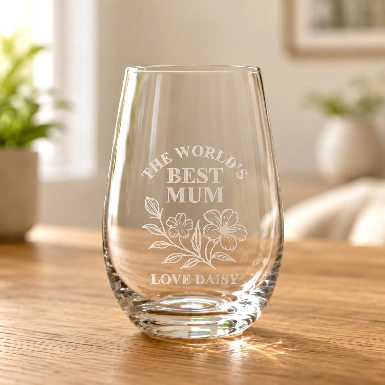 Clear stemless wine glass with engraved Worlds Best Mum floral design on wooden table