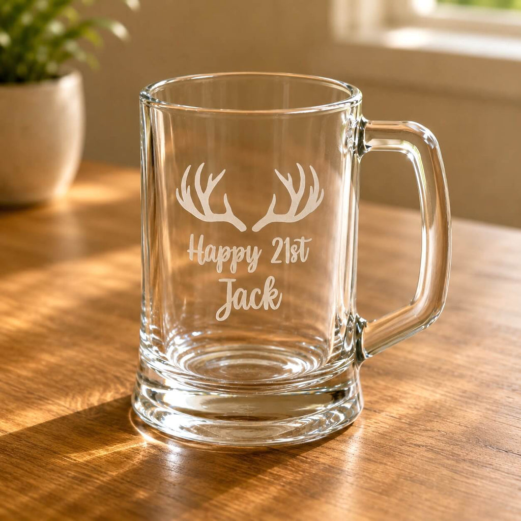 Close up 21st birthday beer mug with antler design