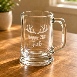 Close up 21st birthday beer mug with antler design