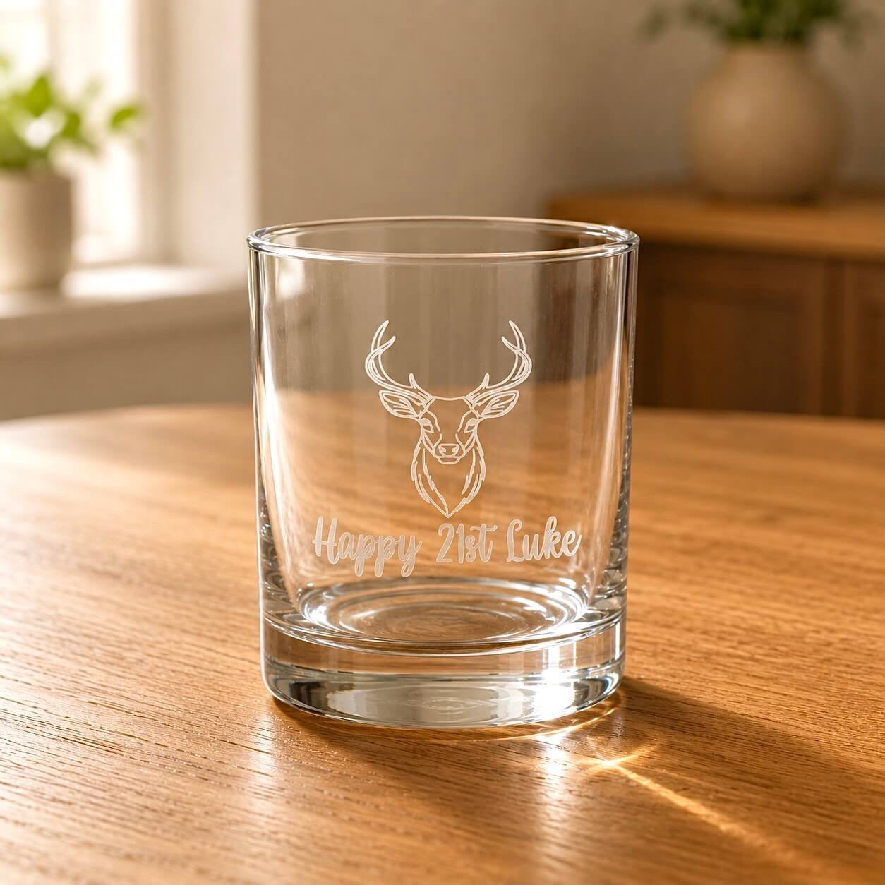 Close up engraved 21st birthday whiskey tumbler with stag design and personalised name