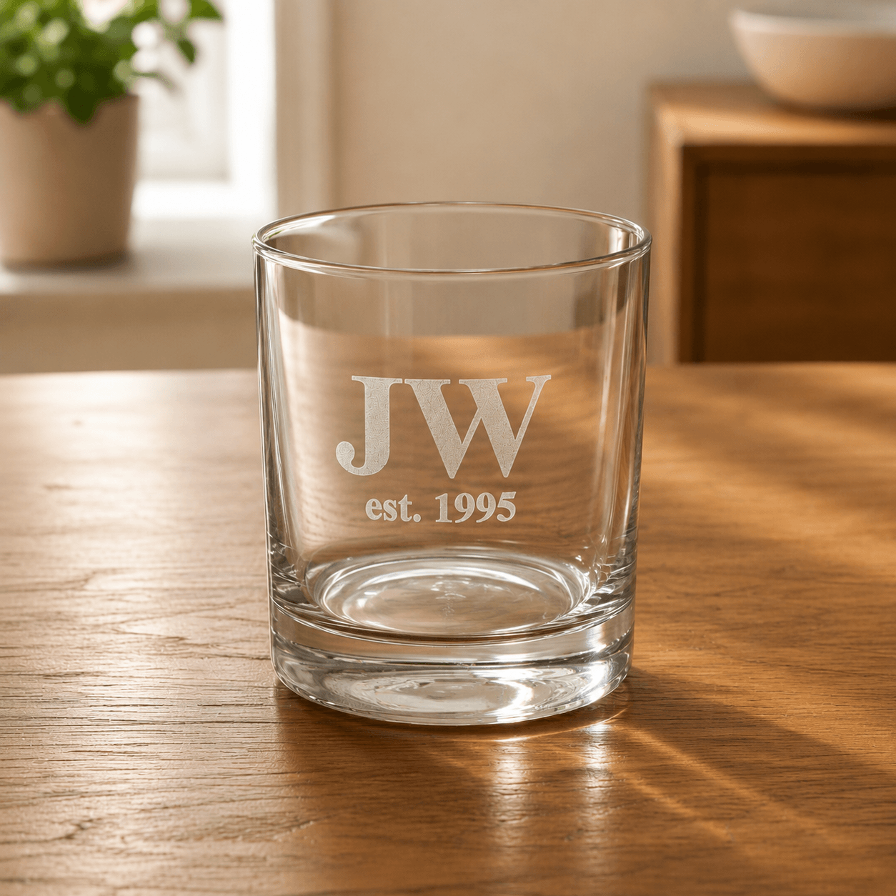 Close up personalised engraved whiskey tumbler with JW initials and established date