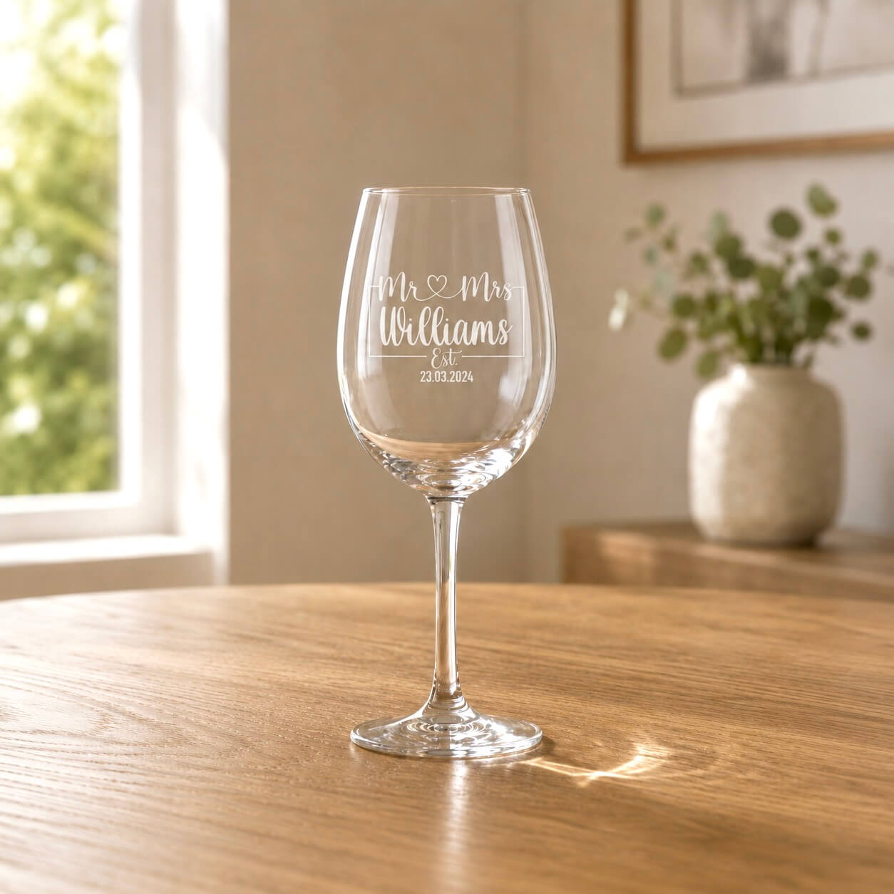 Close up personalised Mr and Mrs wine glass with surname and wedding date engraving