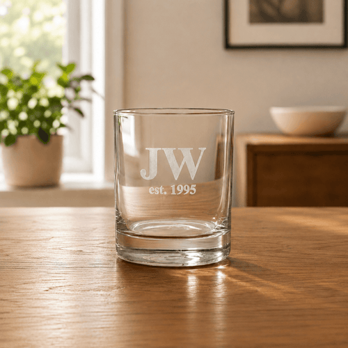 Custom whiskey glass engraved with initials and date for personalised gift