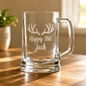 Engraved 21st birthday beer handle with antler design and Jack name