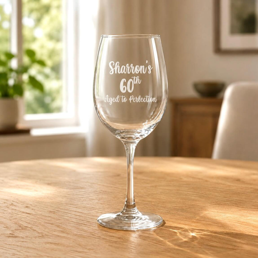 Engraved 60th birthday wine glass with name and aged to perfection message