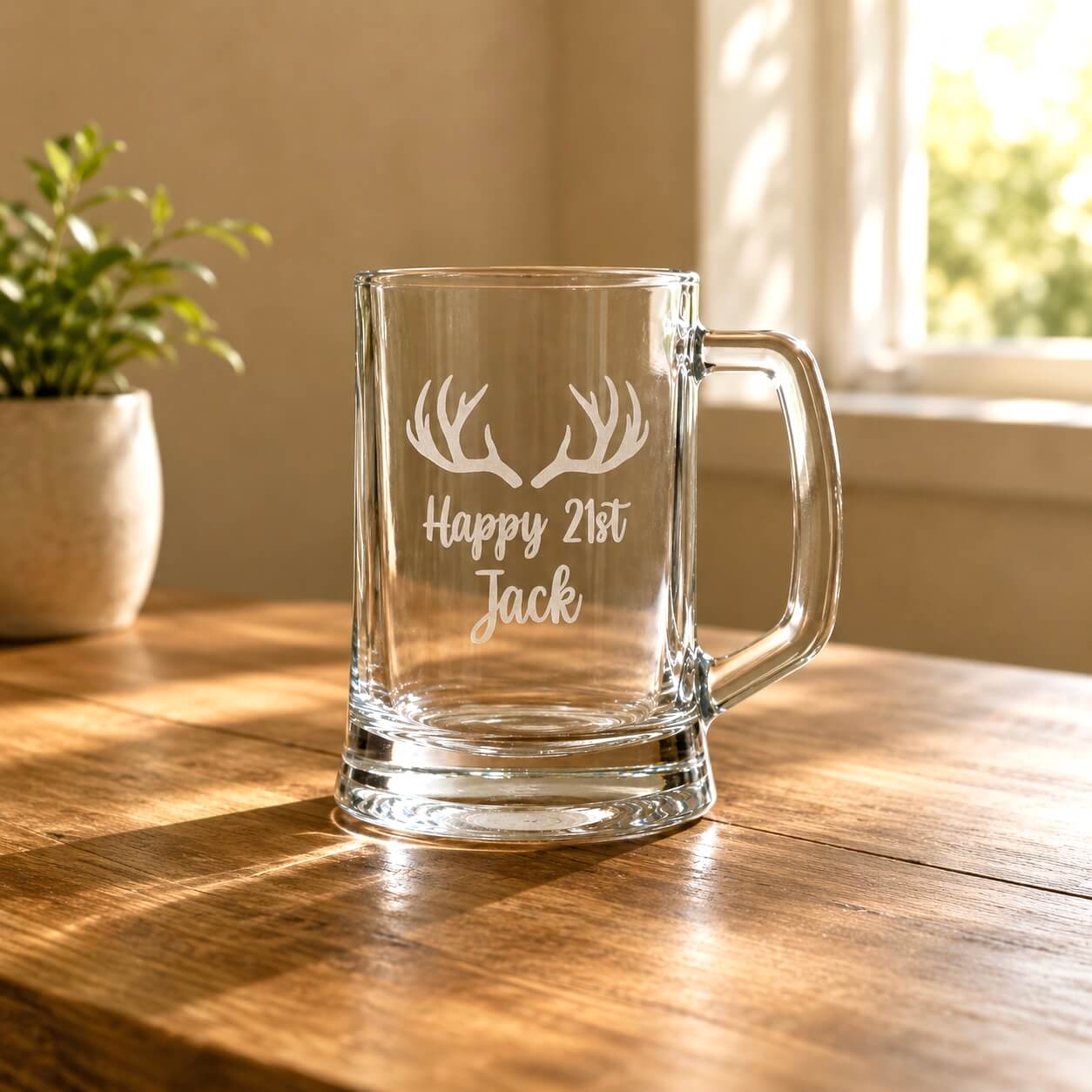 Engraved beer handle with antlers and custom 21st birthday name