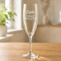 Engraved bridesmaid champagne flute with Sophie name role and wedding date