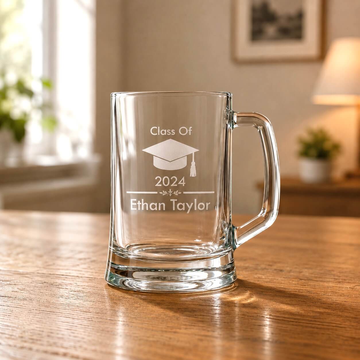 Engraved graduation beer mug with Class of 2024 and Ethan Taylor