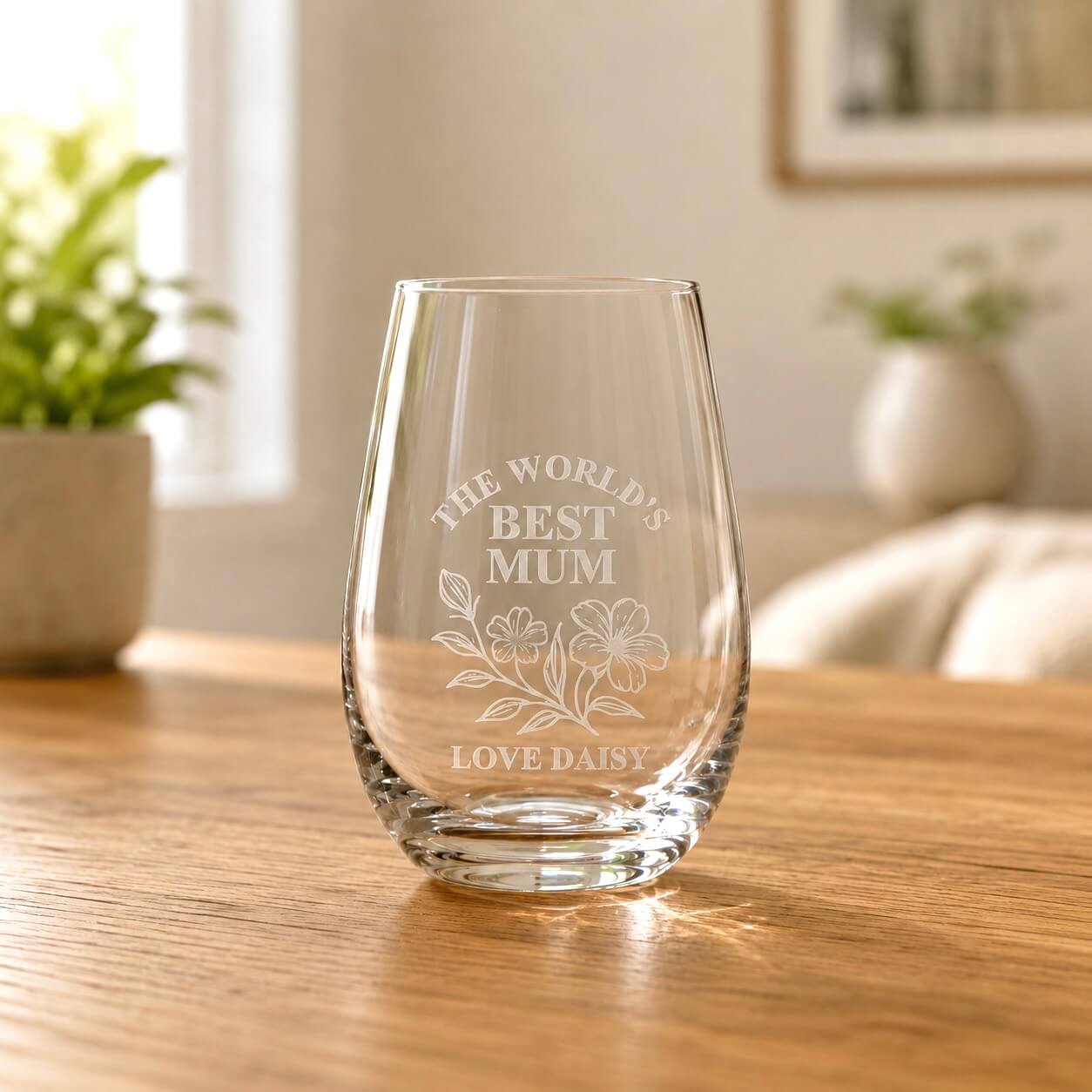 Engraved stemless wine glass with floral design in a warm home setting