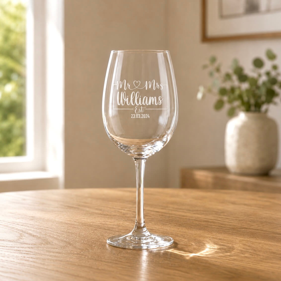 Engraved wedding wine glass with Mr and Mrs Williams design and wedding date