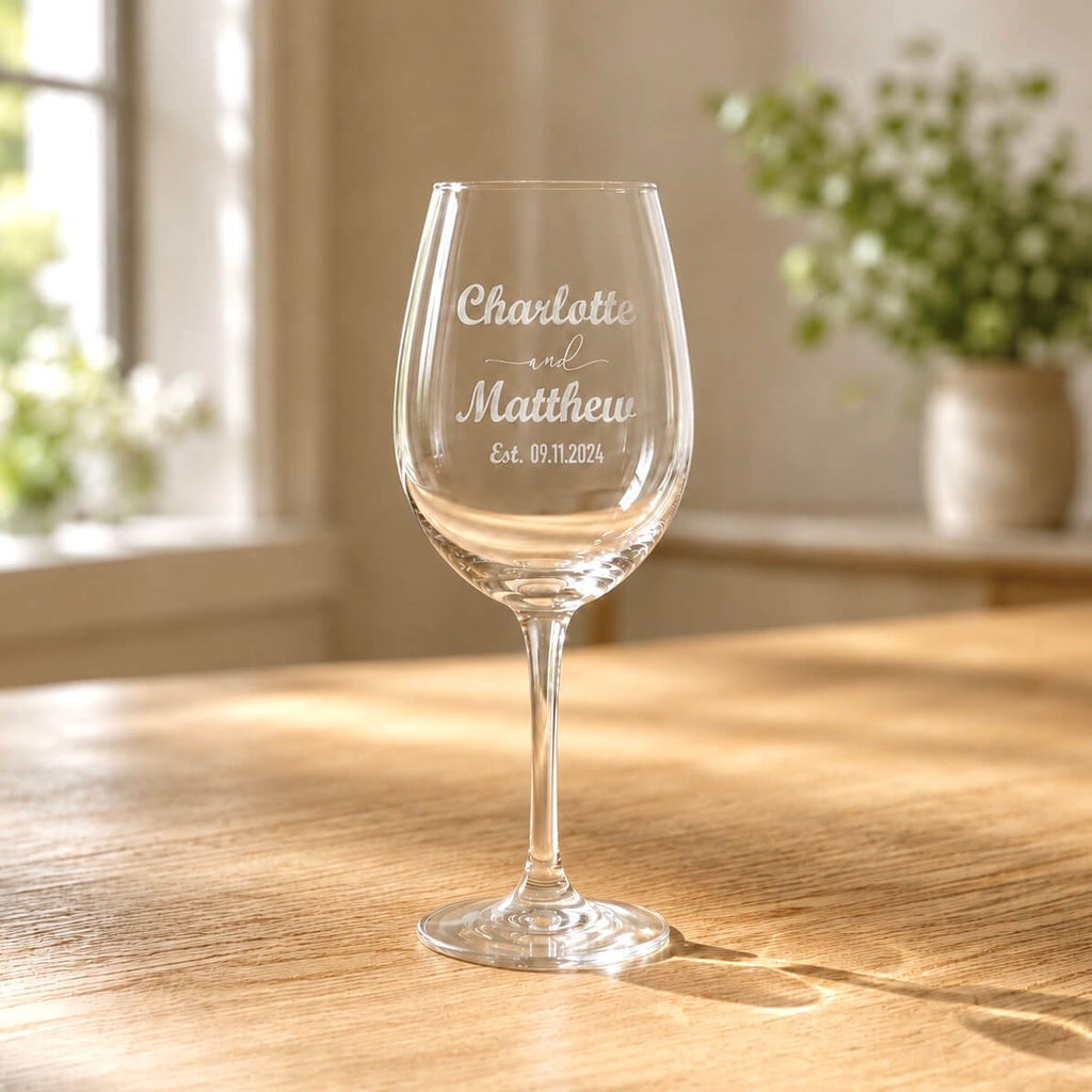 Engraved wedding wine glass with couple names and established date