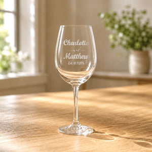 Engraved wedding wine glass with couple names and established date
