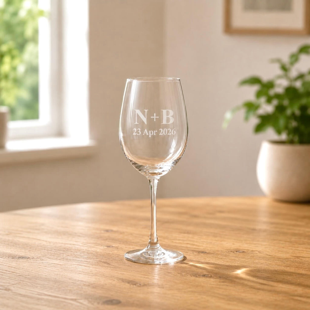 Engraved wine glass with couple initials and wedding date on wooden table