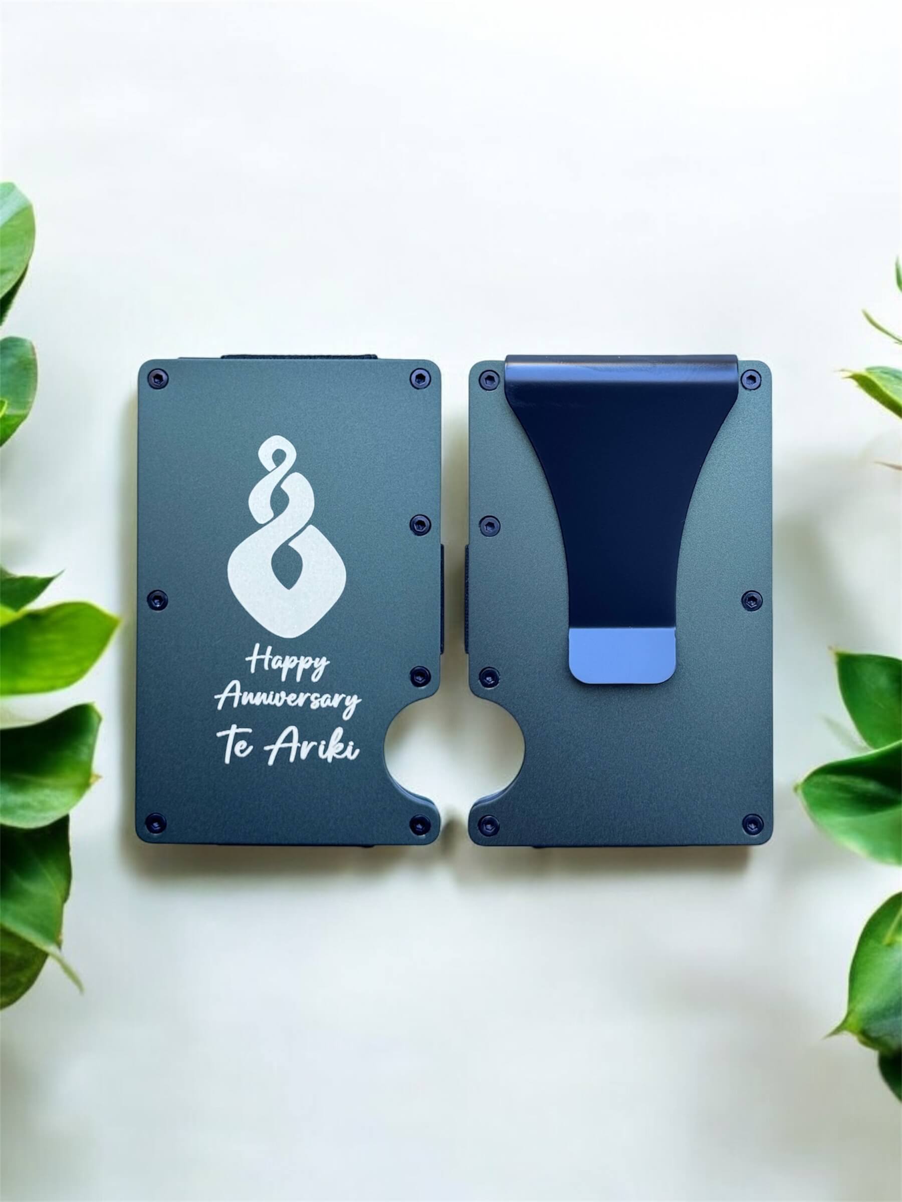 engraved Pikorua Anniversary Card Holder front and back of it