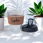 engraved Coffee cup with cork band with name and lid