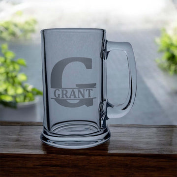 engraved beer glass in split initial