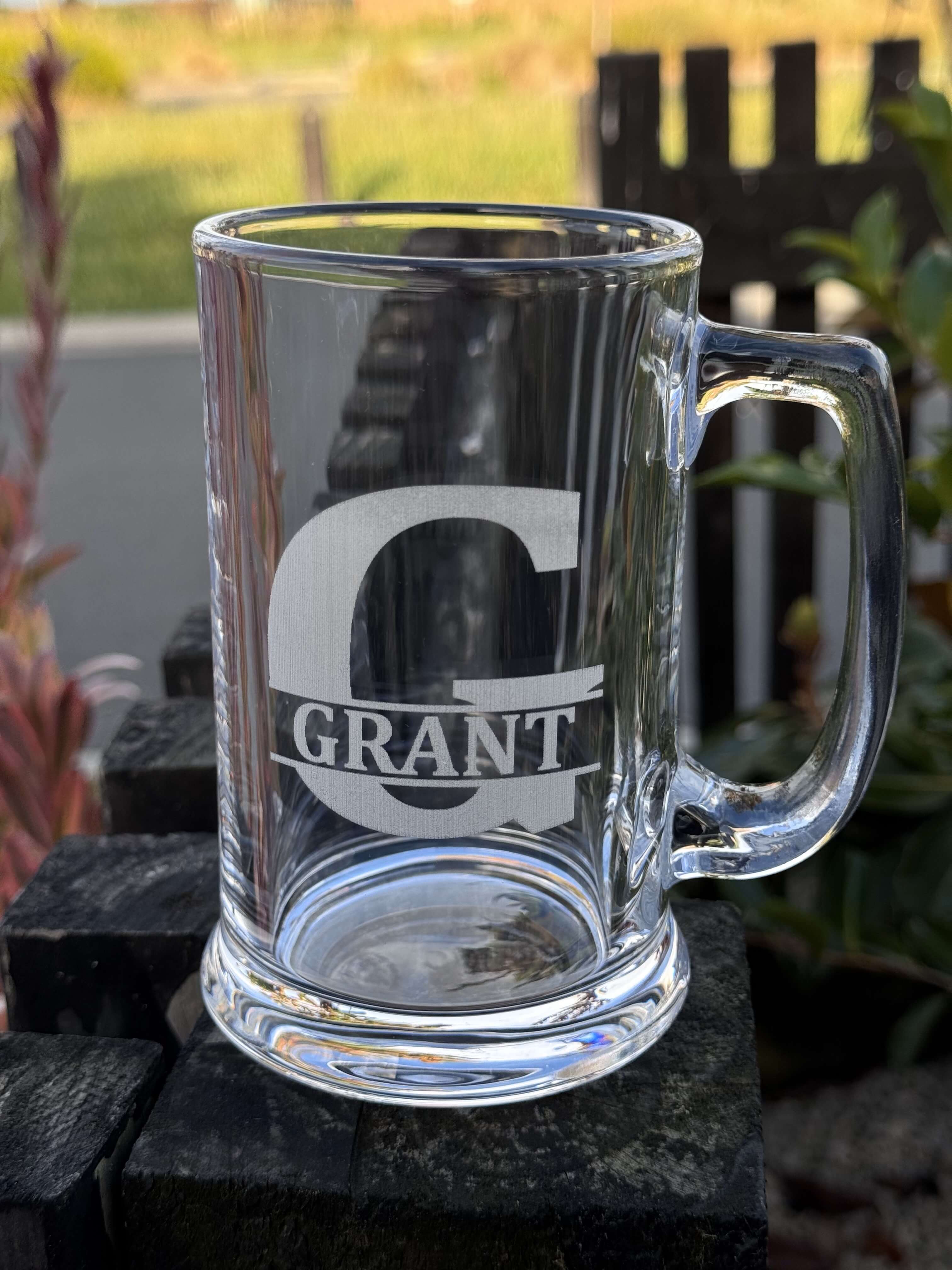 engraved beer glass in split initial