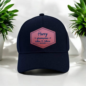 engraved cap with PU leather patch that has name 