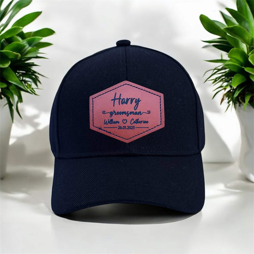 engraved cap with PU leather patch that has name 