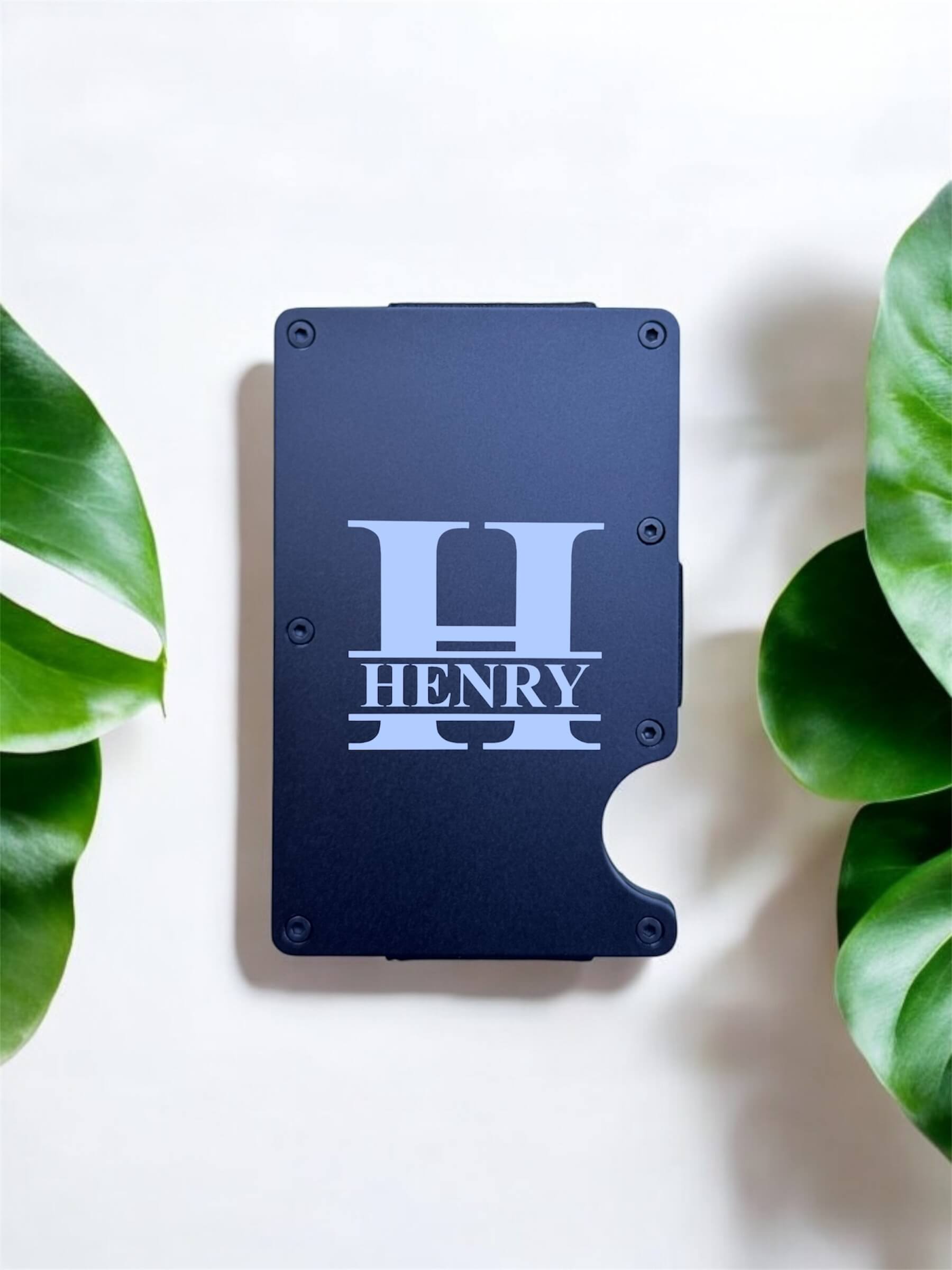 engraved card holder with name in split initial