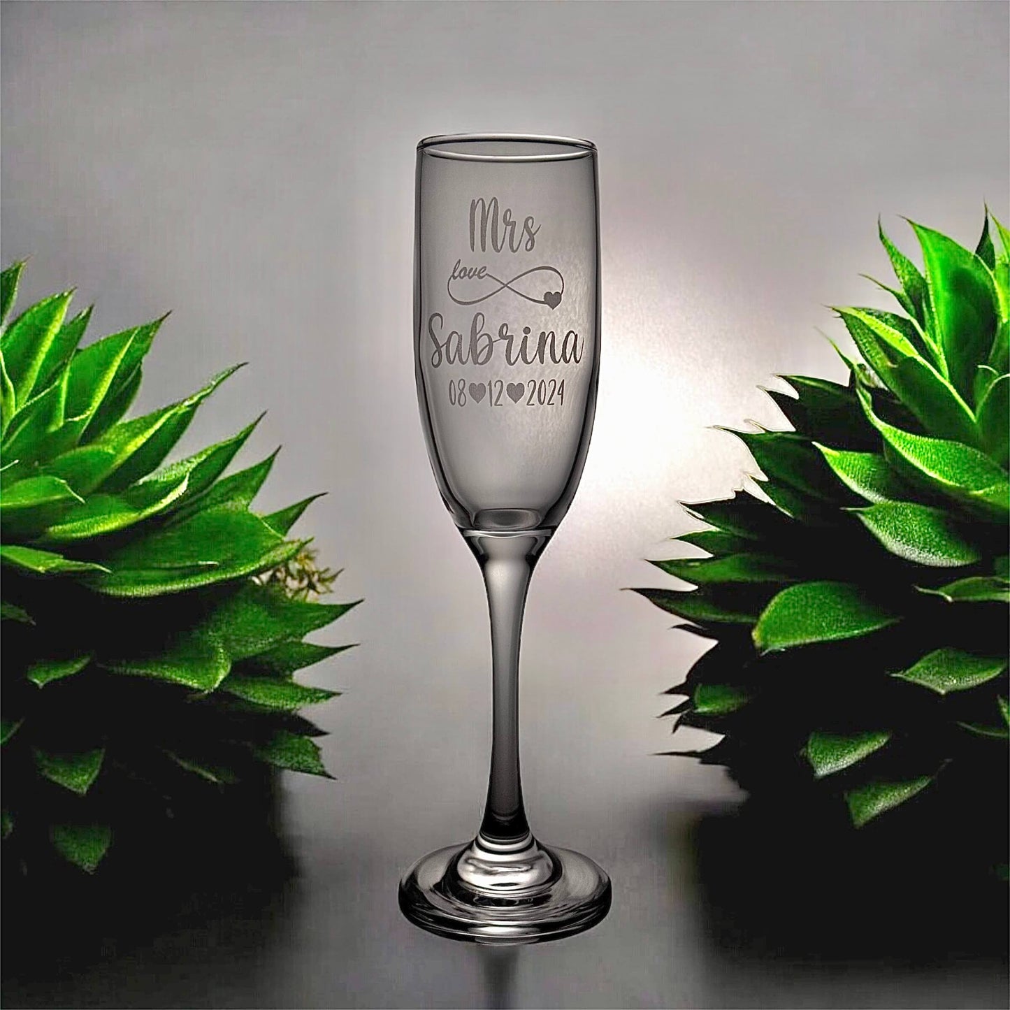 engraved champaign glass for wedding with mrs