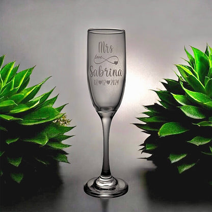 engraved champaign glass for wedding with mrs
