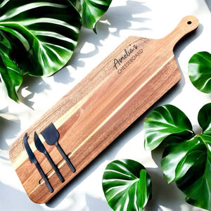 engraved cheese board with knives