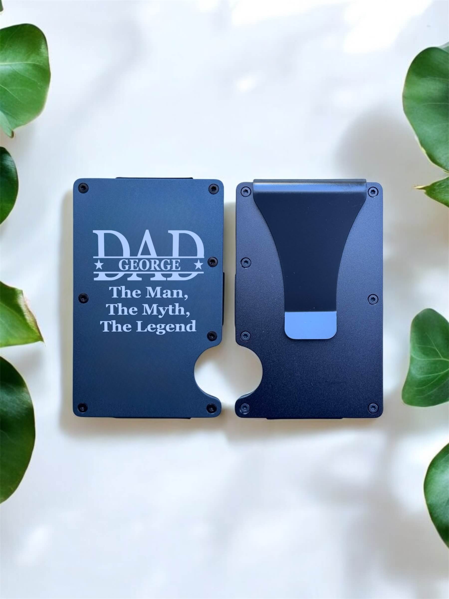 engraved fathers day card holder with message.