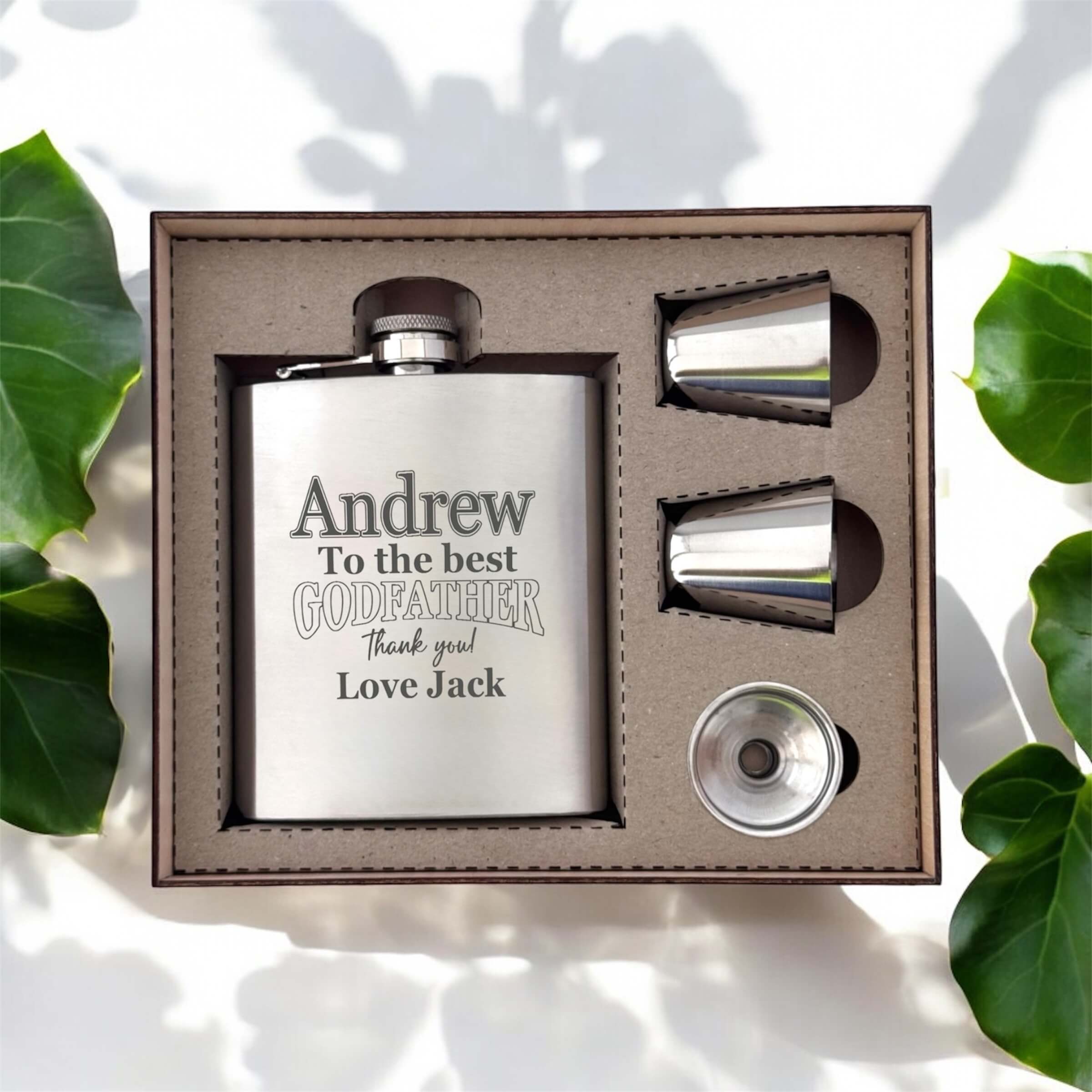engraved flask set for godfather